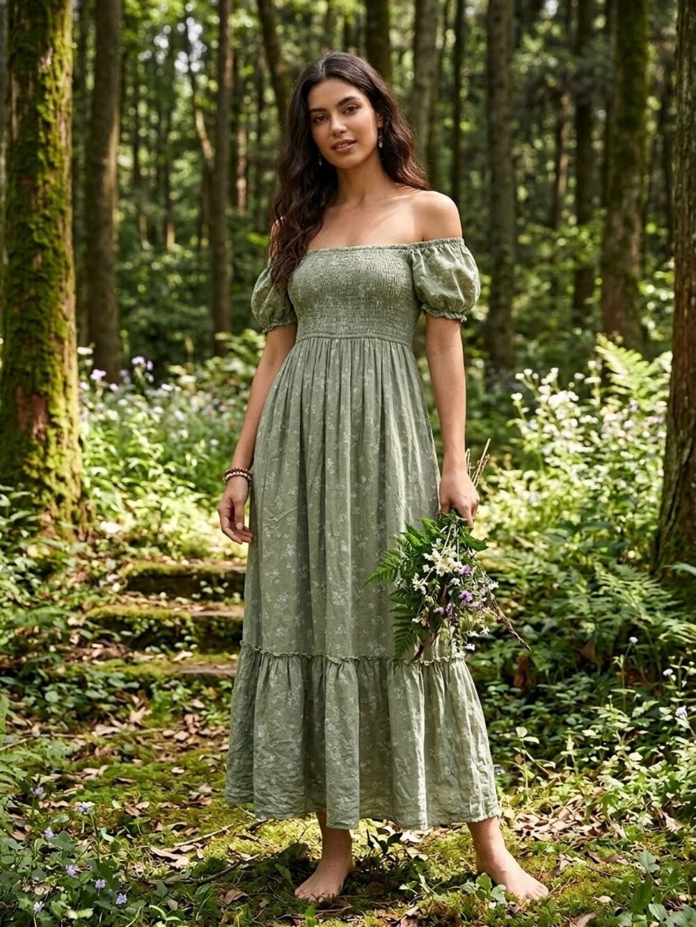Aeropostale Sage Green Off-Shoulder Smocked Maxi Dress